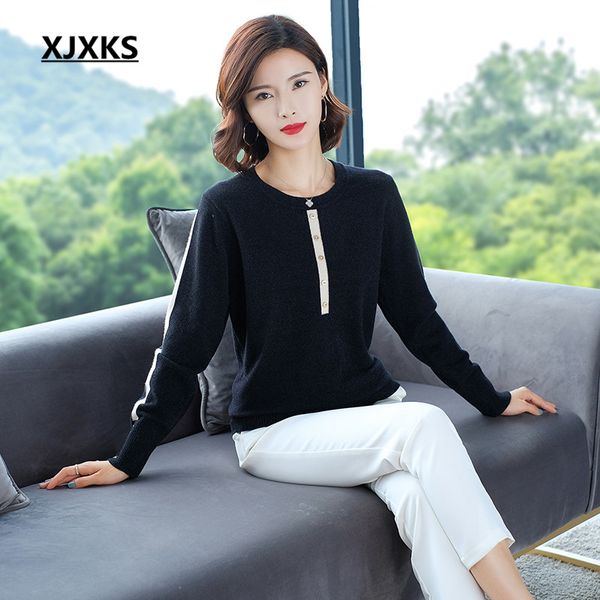 

xjxks 2019 autumn winter new round neck long-sleeved women sweater comfortable cashmere knitted sweater women pullover, White;black