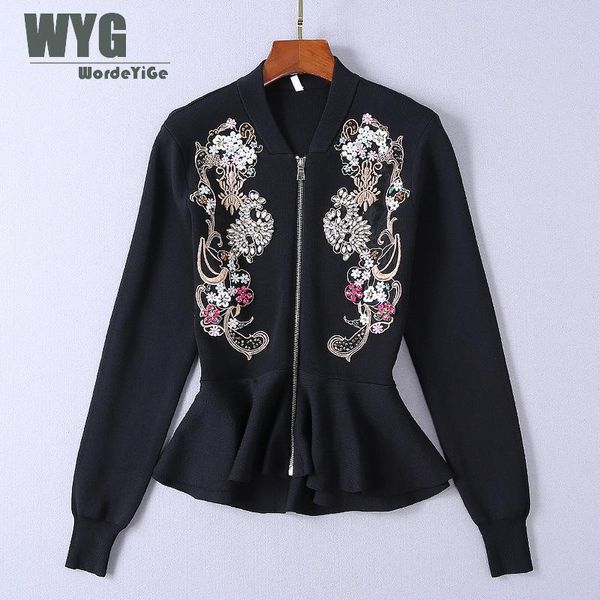 

knit cardigan 2018 autumn new arrival wyg runway fashion diamonds floral beading embroidery long sleeve sweaters, White;black