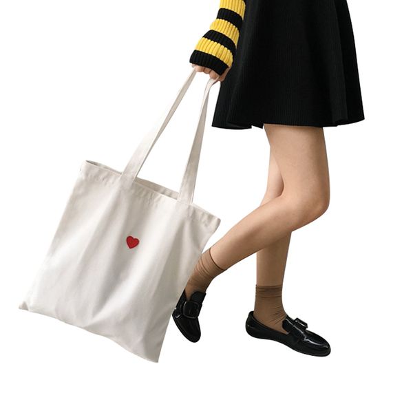 

fggs-women cotton canvas eco shopping tote shoulder bag embroidered red heart