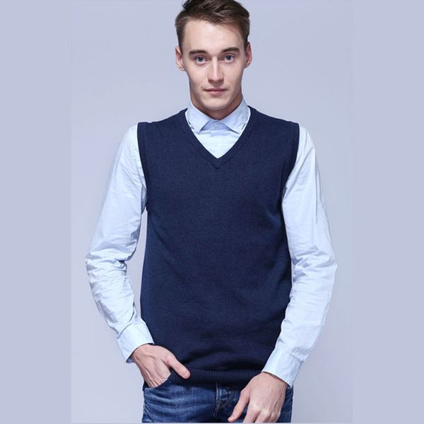 

100% cotton 2019 new spring mens v-neck sleeveless knitted sweaters vest casual mens clothing slim solid color sweaters, Black;white