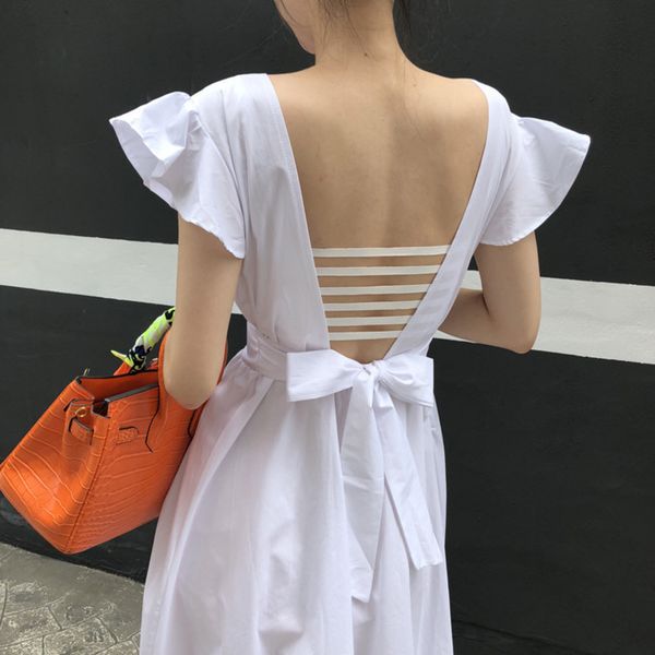 

casual dresses summer backless womens bow white black stripe square collar vintage korea loose dress girl female e038, Black;gray