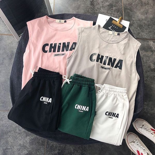 

men's tracksuits [jacket/suit] summer men leisure set vest fashion hong kong style loose couple shorts two-piece, Gray