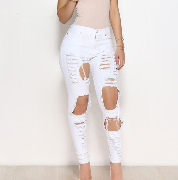 Jeans da donna strappati vintage moda pantaloni elastici sottili a vita alta jeans skinny con foro grande bianco nero taglia S M L XL 2XL 3XL