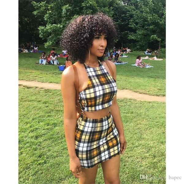 

summer women halter 2pcs dresses plaid printed slim dress casual 2pcs short sets female clothing, White