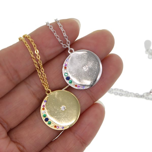 

fashion-new design carved coin necklace & pendant rainbow cz brass gold color round plate necklace for women girl fashion jewelry, Silver