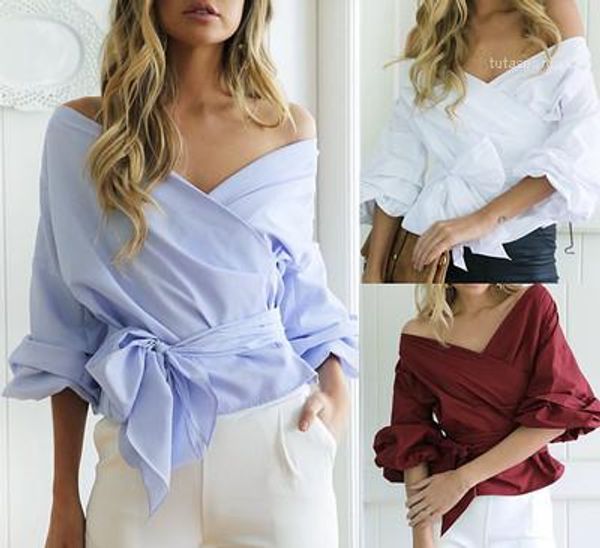

deep v-neck summer short clothes bandage womens blouse shirt off shoulder latern sleeves big crossing with bow pepulm design, White
