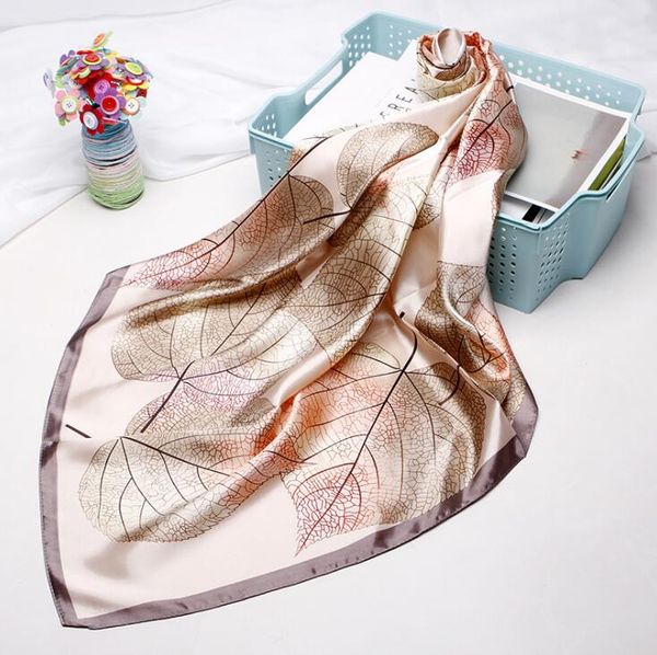 

silk scarf woman new 90cm silk imitation small scarf european and american printed leaf shawl scarf, Blue;gray