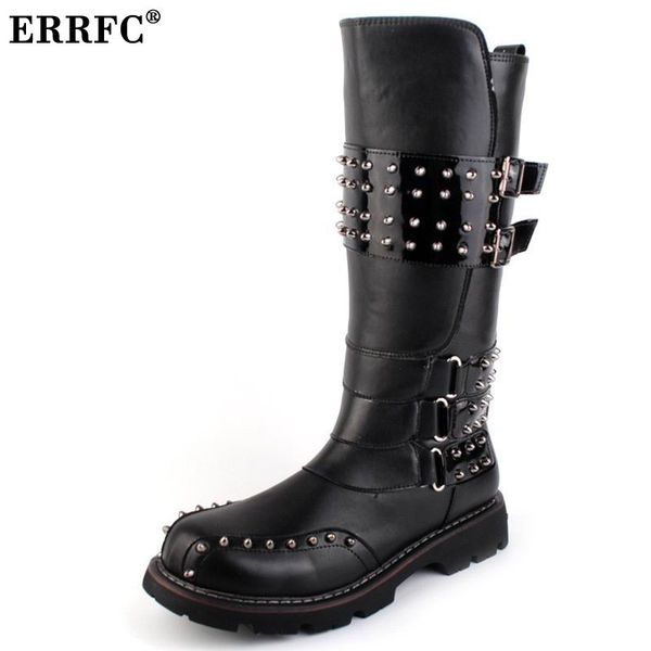 

errfc cowboy motorcycle boots men punk rivets buckle round toe riding boot man pu leather leisure boot shoes black 34cm