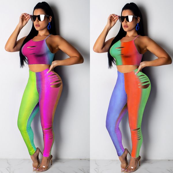 

ombre color hole sling two-piece nightclub clothes women's two piece pants nightclub women's suits, White
