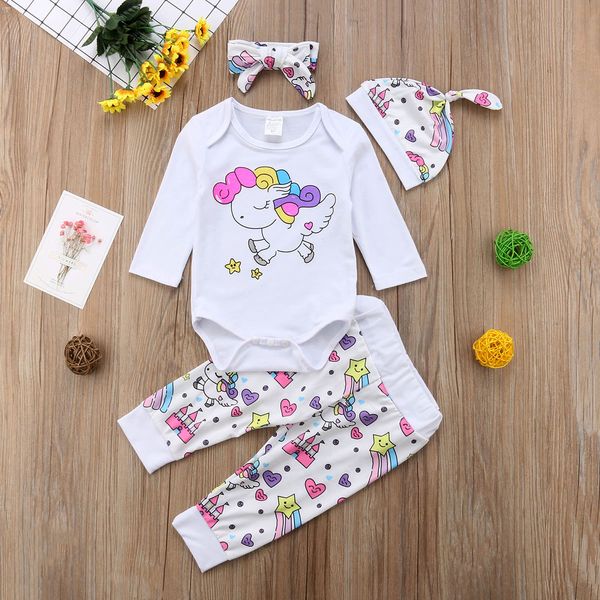 

новорожденного baby girl unicorn romper брюки леггинсы hat 4шт костюмы одежда 0-18m, Pink;blue