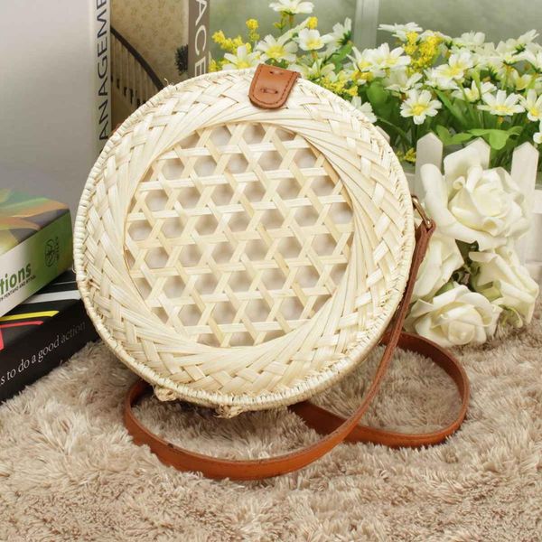 

kiwarm round rattan bags straw bag handmade circle woven diagonal bag shoulder handbag crossbody tote sewing accessories, Black
