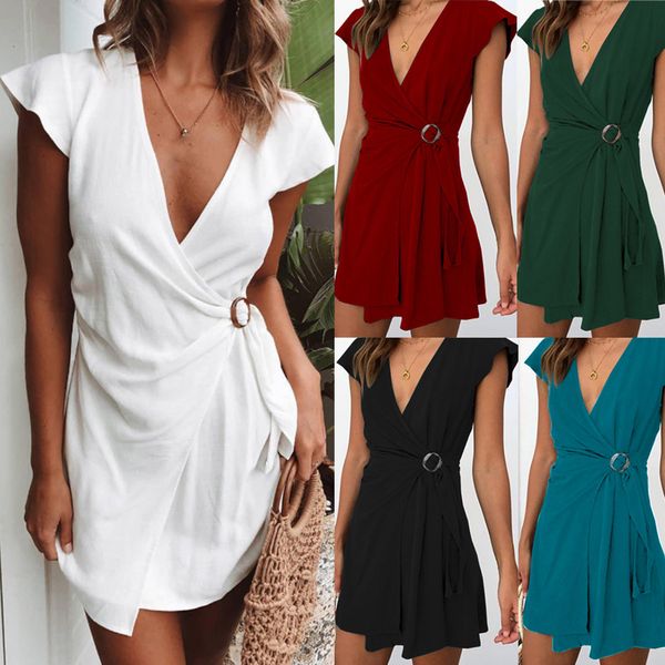 

новая женская мода solid dress v шеи sexy waist collection мини-платье с поясом, Black;gray