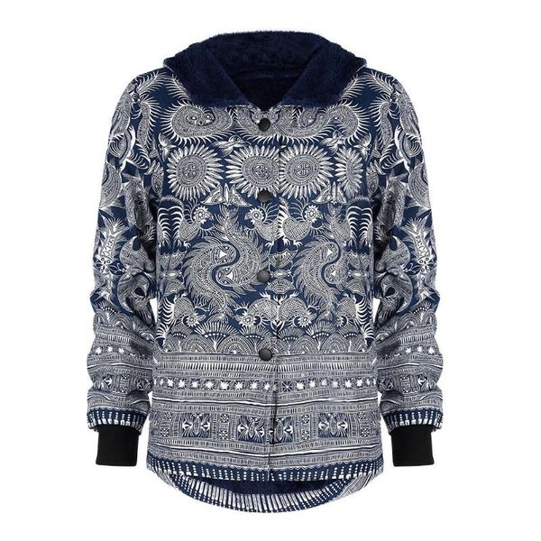 

women winter jackets retro hooded ethnic printed women fleece warm outwear floral print hooded pockets vintage oversize coat, Black;brown