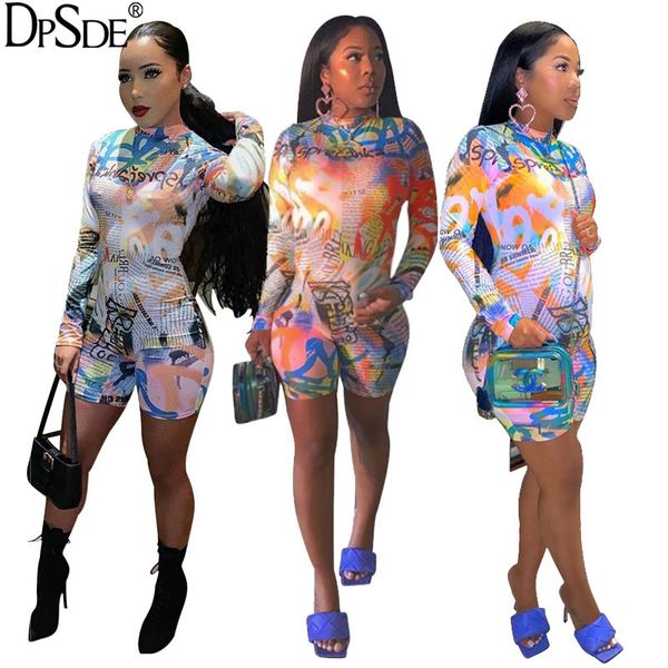 

2020 summer new fashion reduction of age street hip hop style jumpsuits long sleeve round neck printed jumpsuits short pants, Black;white