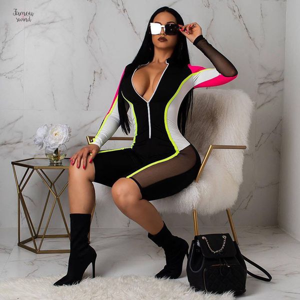 

rompers новый 2019 sexy mesh bodycon сращивание женщин streetwear легкий костюм с шортами ruched передняя молния с длинным рукавом шорты ком, Black;white