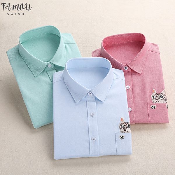 

women embroidery shirt cat school lapel neck blouses office ladies female blusas plus size embroidered work shirt autumn 2020, White