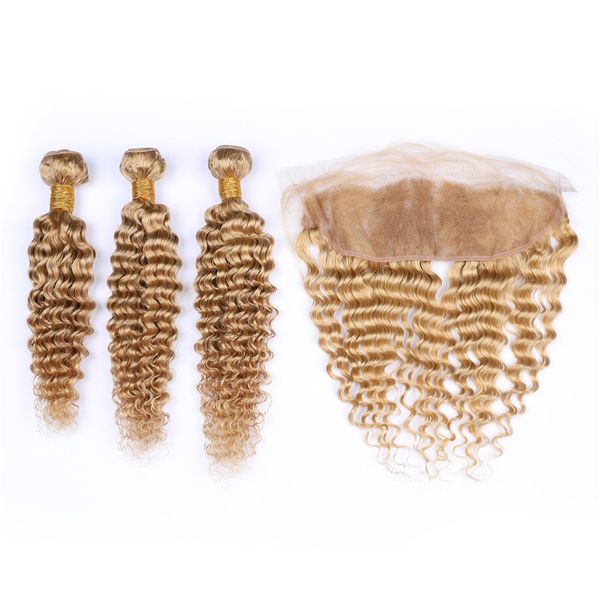 

Honey blonde 27 deep wave hair exten ion with ear to ear frontal 13x4 deep curly brazilian virgin hair exten ion with frontal piece