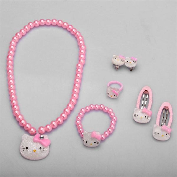 

children hair accessories set hello kitty jewelry 1set=7pcs jewelry accessories necklace bracelet hairpin jq01, Silver
