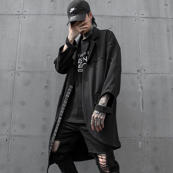

мужчины сыпучие повседневный длинный пиджак плащ asymmetric пальто мужской streetwear hip hop punk gothic кардиган верхняя одежда этап одежд, Tan;black