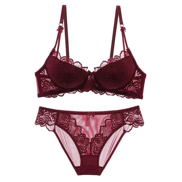 

bra set thin section large size breathable ladies underwear gather collection vice breast care transparent lingerie set, Red;black