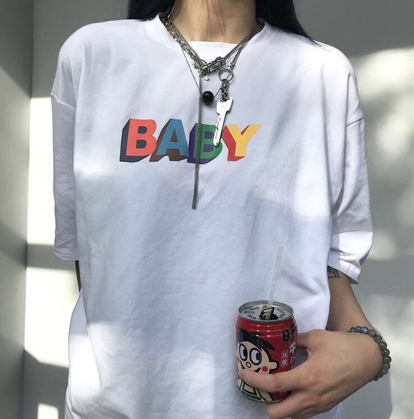 

harajuku funny rainbow color letter print loose short sleeve t-shirt, White