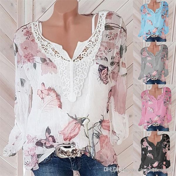 

summer floral print chiffon tshirt women fashion designer long sleeve tees autumn v neck streetwear, White