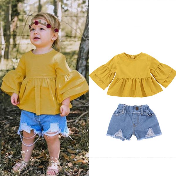 

baby girls outfits yellow flare sleeve +hole denim shorts 2pcs/set 2019 summer fashion boutique kids clothing sets b11, White
