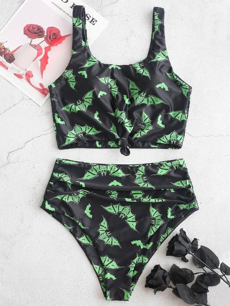 

zaful bat graphic knotted padded halloween tankini swimsuit high waisted