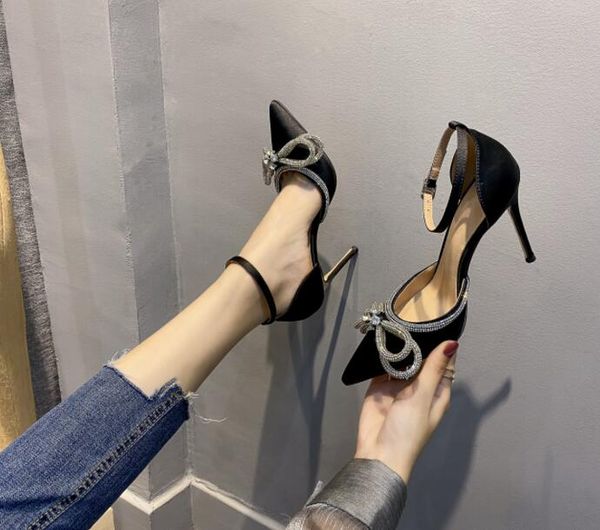 

women rhinestone high heels shoes genuine leather bowtie pumps simplicity stiletto shallow mouth sandals fashion lady party shoes, Black