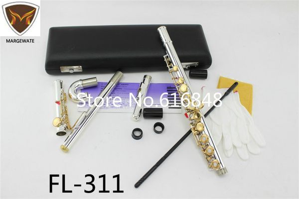 

fl-311 standard silver body gold key c tune flute with small elbow curved head 16 17 key holes open closed flute instrument flauta