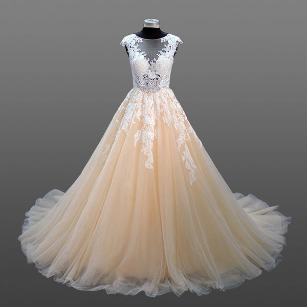 

latest champagne wedding dress ball gown sweep train with white lace appliques princess vestidos de novia bridal gowns