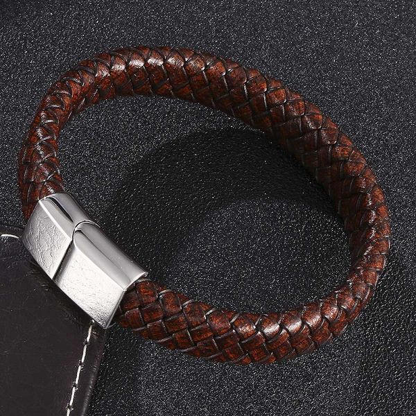 

vintage brown braided leather bracelet men jewelry 3 colors stainless steel magnetic buckle fashion male wrist band gifts s0450, Golden;silver