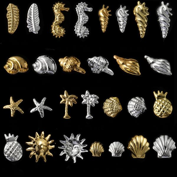 

100pcs ocean seashell starfish feather 3d metal gold silver nail art decoration tips diy manicure metallic studs rivets, Silver;gold