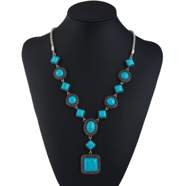 

silver plated alloy geometric stackable green turquoises stone pendant link chain necklace trendy jewelry