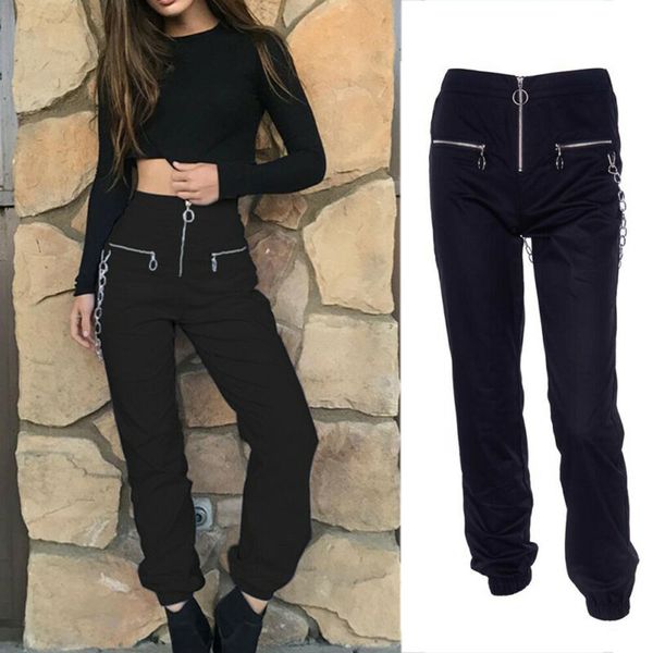 

fashion women ladies long pants high waist chain slim fit zipper elastic waist pants 2020 new, Black;white