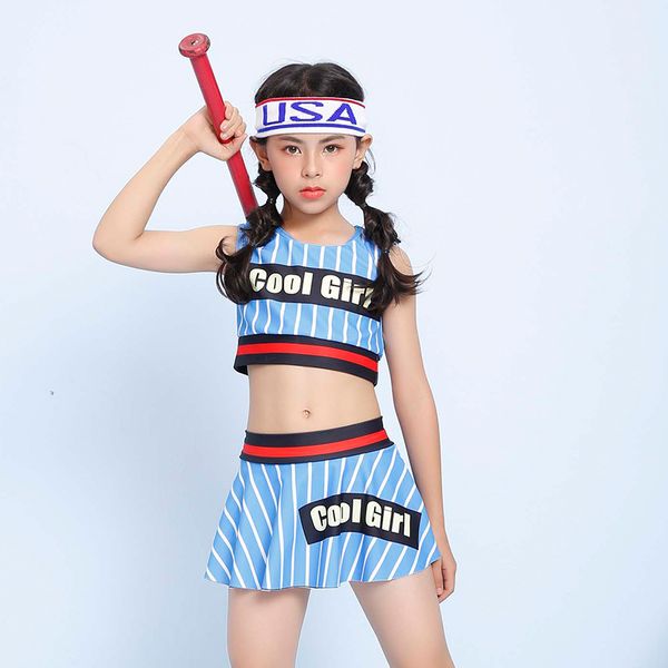 

2018 children sportswear two piece beach swimsuit 2-13 years girls bathing suit striped swimwear blue red