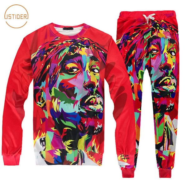 

istider 2pac tracksuits men women sweats pants + hoodie tie-dye 3d tupac sweatshirt jogger set brand hip hop boys clothing, Gray