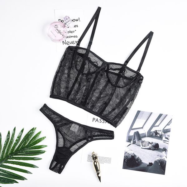 

2020 summer women new lace split suit women's set underwear gauze black size -l couple fun-2, Black;white