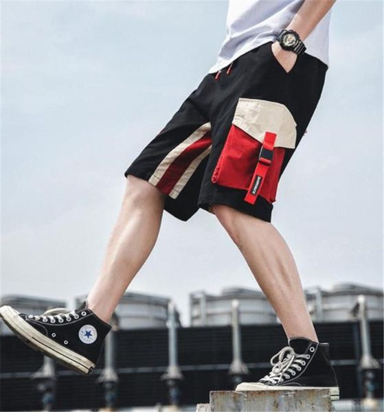 

summer mens short cargo pants contrast color fashion loose drawstring knee length mens shorts, White;black