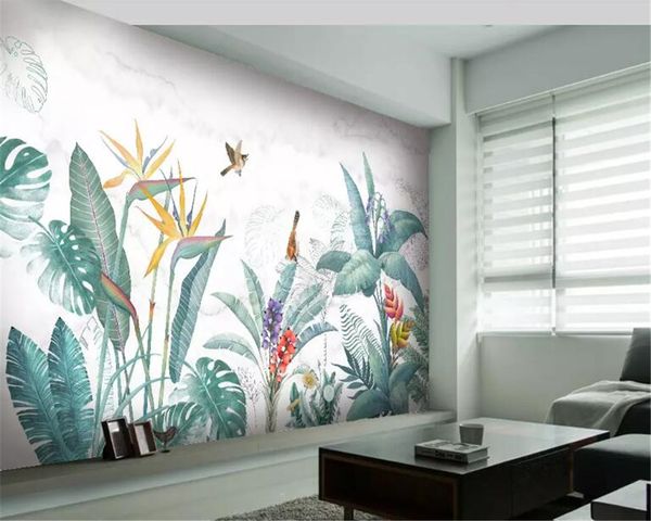 Beibehang Papel de Parede Pintados Mão Nordic Parede Tropical Plantas Flores e Pássaros Fundo Mural Papel de Parede para Quarto Kids