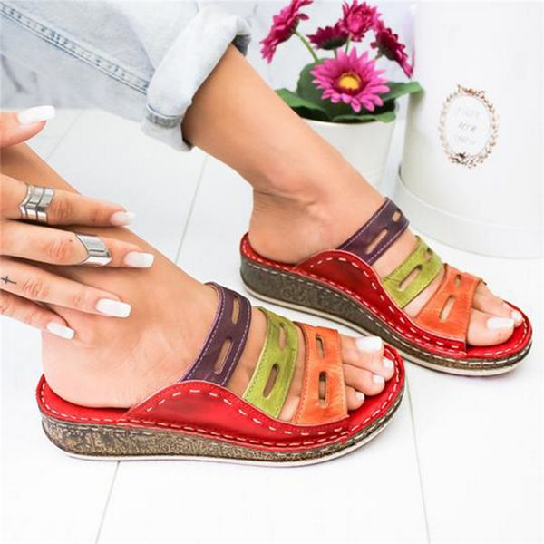 

summer women slippers rome retro three-color casual shoes thick bottom wedge open toe sandals beach slip on slides female, Black