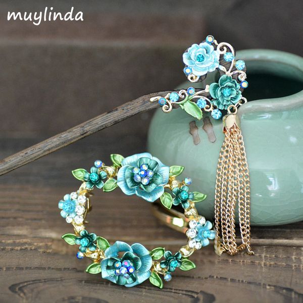 

Vintage Tassel Flower Blossom Hair Sticks Women Retro Banquet Hair Jewelry Painting Flower Hair Clip Barrettes