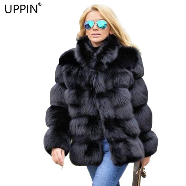 

uppin 2018 new winter coat women faux fur coat plus size women stand collar long sleeve faux fur jacket gilet fourrure, Black