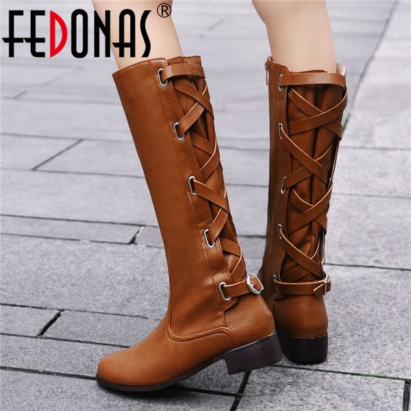 

fedonas new arrival euro style women solid cross-tied over the knee boots autumn winter fashion pu leather party shoes woman, Black