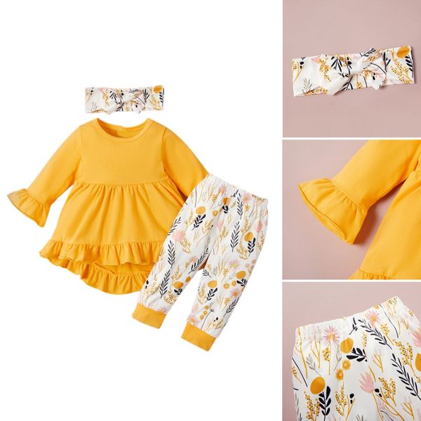 

baby's set three piece trousers hair band girls solid color dress floral print pants spring and autumn, White