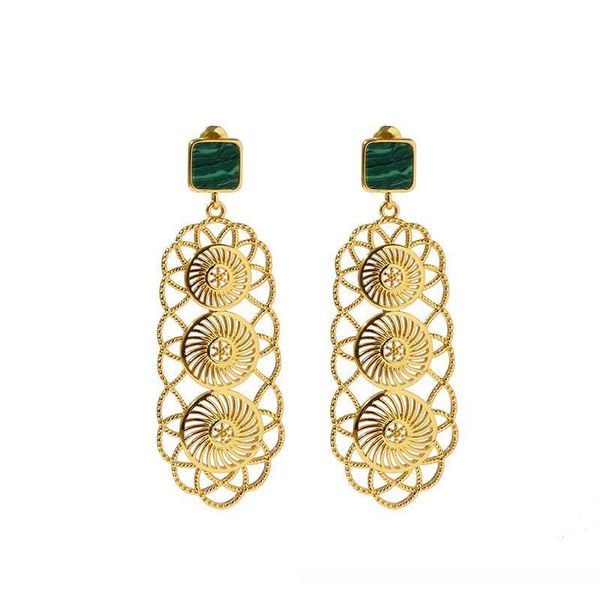 

hollow long flower earrings for women white mother of pearl green malachite stone new middle east fashion vintage auriculares jewelry, Golden