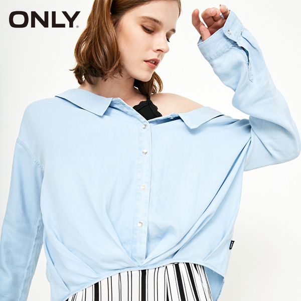 

only women spring & summer v-neck pleated loose fit denim shirt blouse |118253501, White