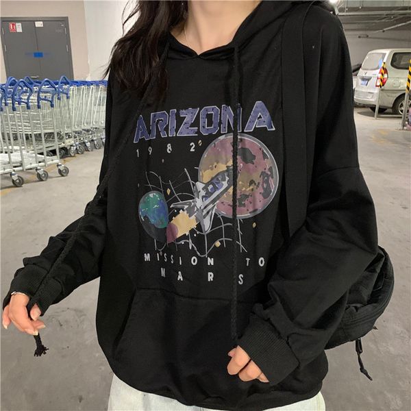 

осень и зима хлопок ностальгия старый planet printed harajuku spaceship arizona space черно-белой печати с капюшоном hoodie, Black