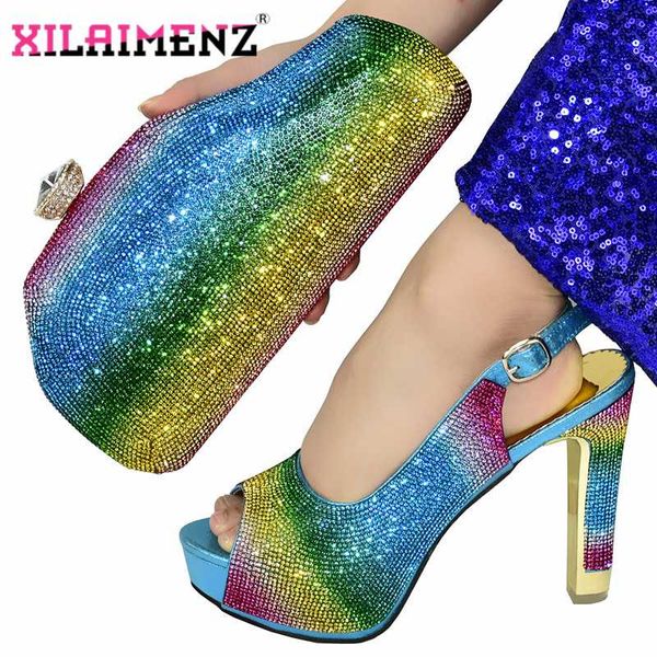 

blue nigerian new design ladies matching shoe and bag italian women shoes and bags set for party with shining crystal, Black