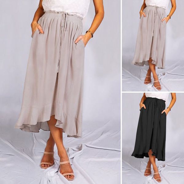 

2020 celmia women summer long skirts asymmetrical ruffles loose casual skirt lady solid office elastic waist party skirts 5xl 7, Black